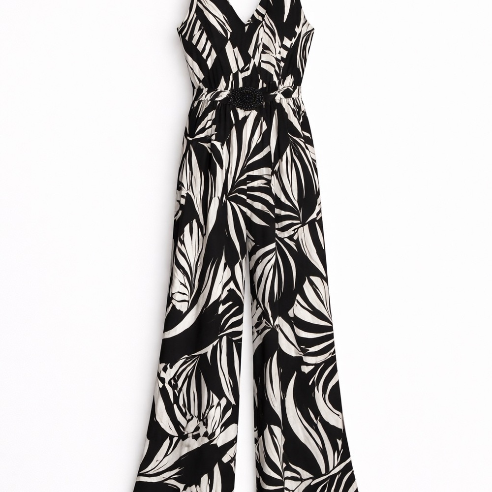 Tahari Black & White Leaf-Print Wide-Leg Jumpsuit